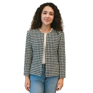 Sparkle houndstooth black shiny shaket full zip blazer vintage dress barn sz 10